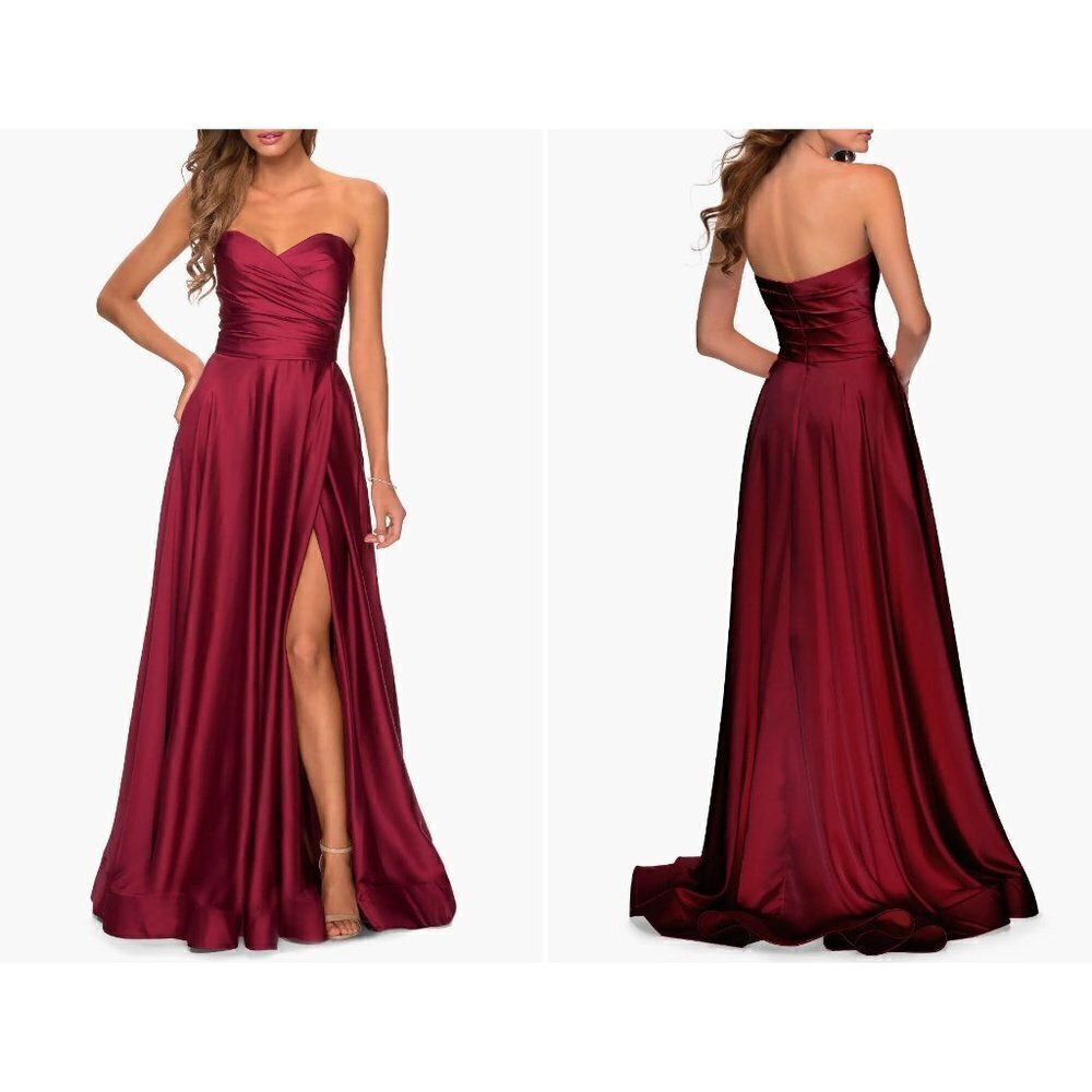 New La Femme Size 16 Strapless Slit Satin Ballgown Wine Prom Dress **Thread Pull
